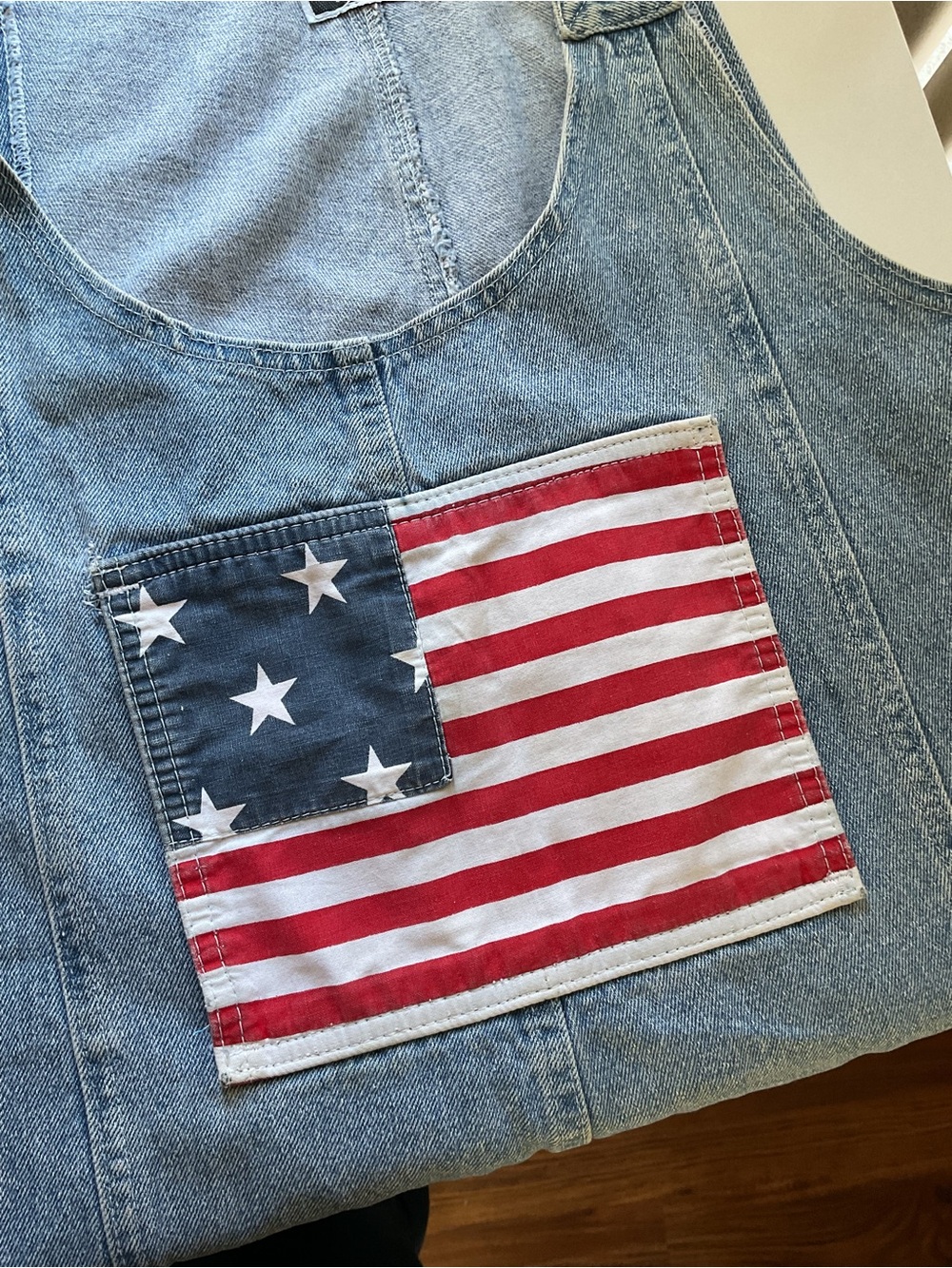 Vintage 90s Contempo Casuals Denim Overalls M American Flag Stars Stripes - Picture 10 of 11